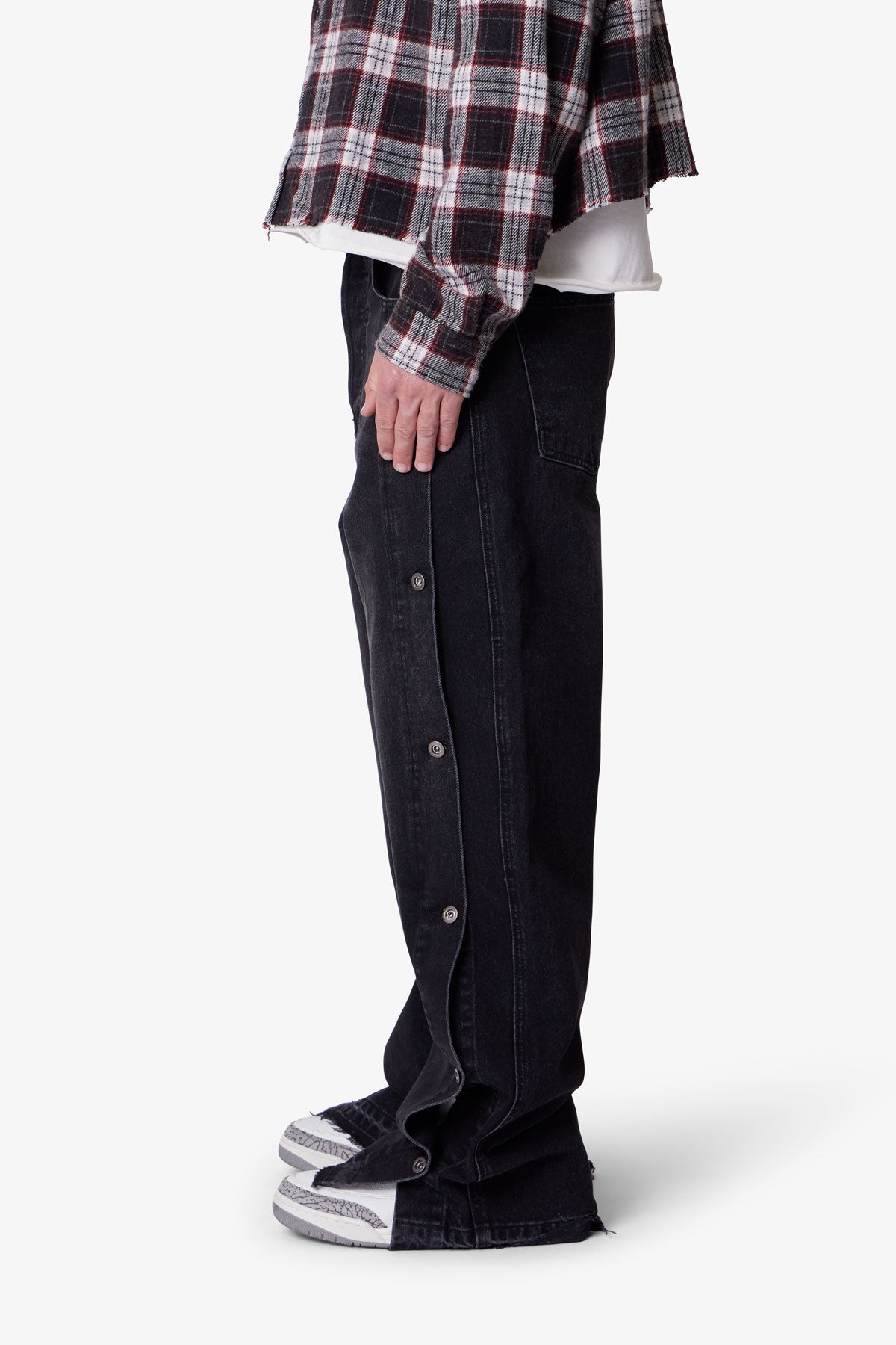 Ultra Baggy Offset Button Denim - Black | mnml