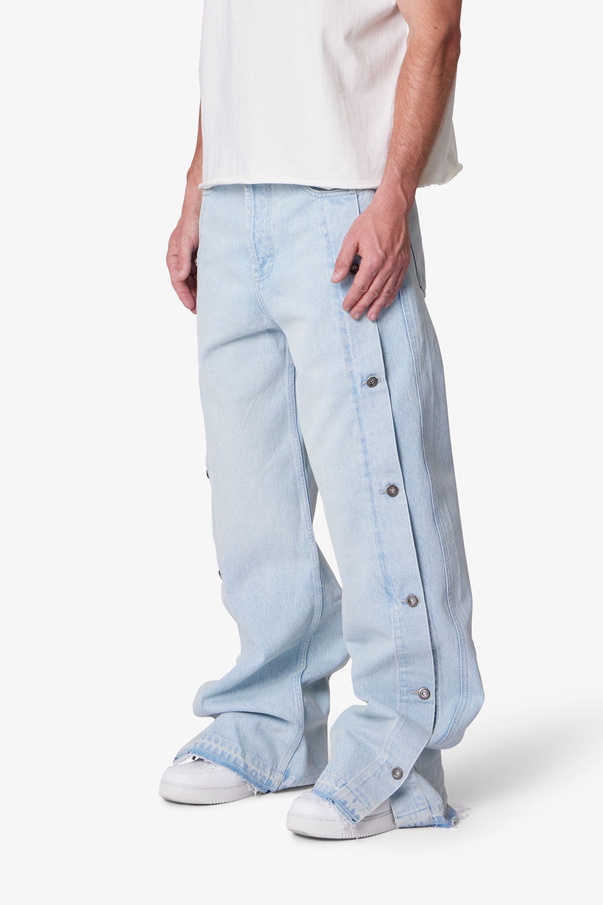 PURPLE BRAND & mnml デニムパンツセット Ultra Baggy Offset Button Denim - Light Blue | mnml