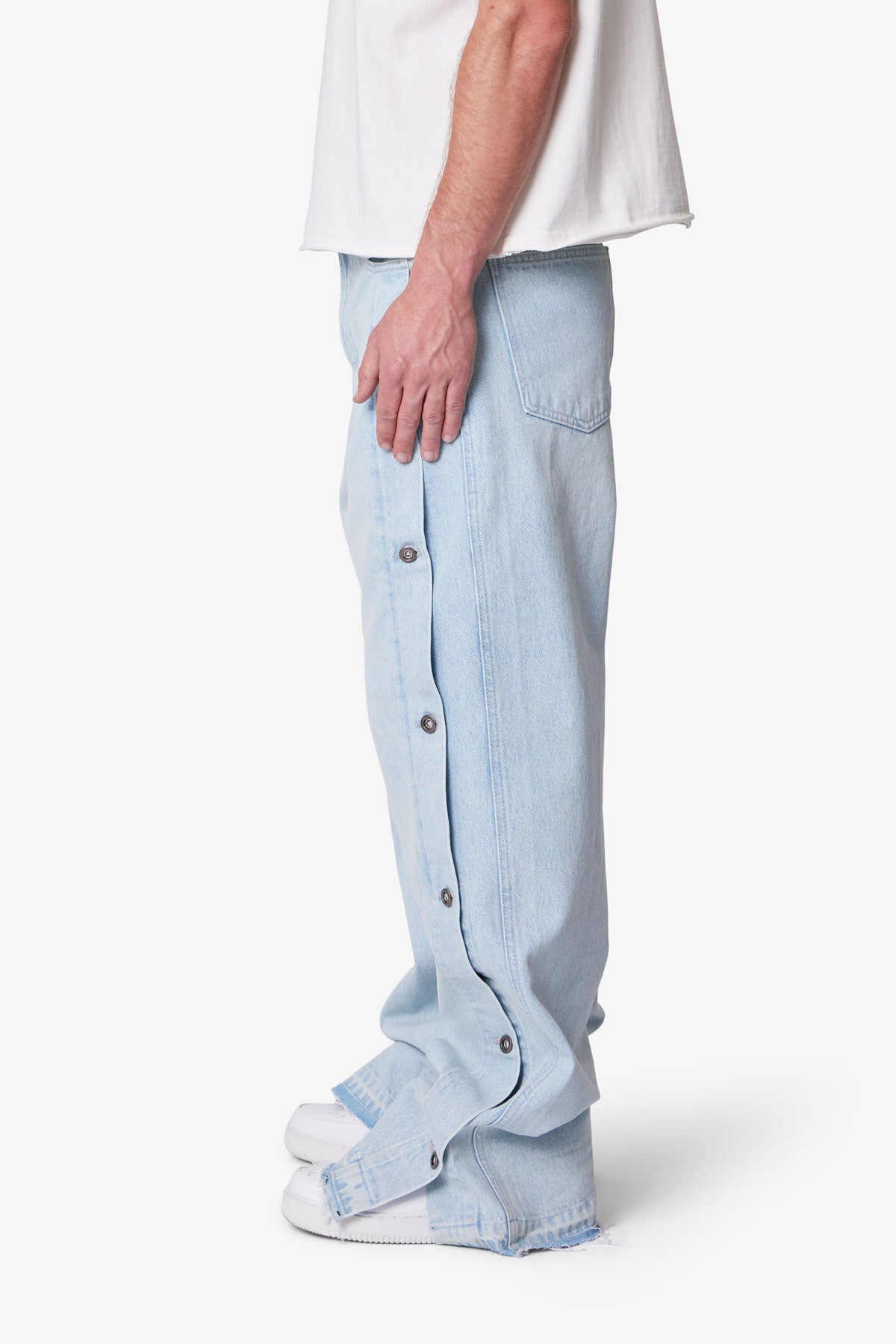 Ultra Baggy Offset Button Denim - Light Blue | mnml