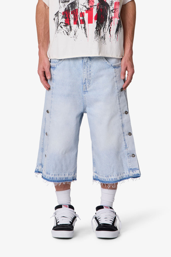 Ultra Baggy Offset Button Denim Shorts - Light Blue | mnml