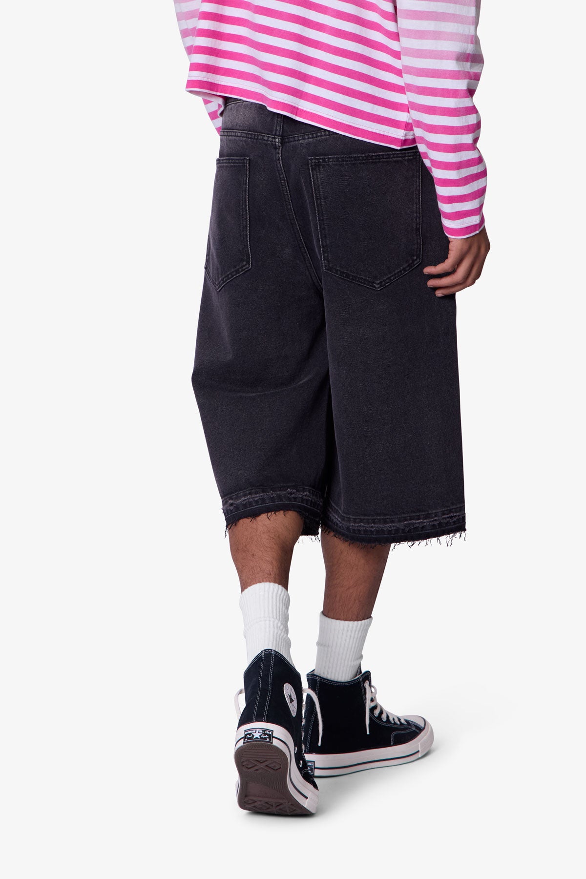 Ultra Baggy Raw Hem Denim Shorts - Washed Black | mnml
