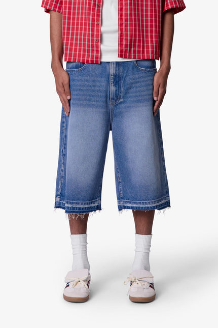 Ultra Baggy Raw Hem Denim Shorts - Washed Blue