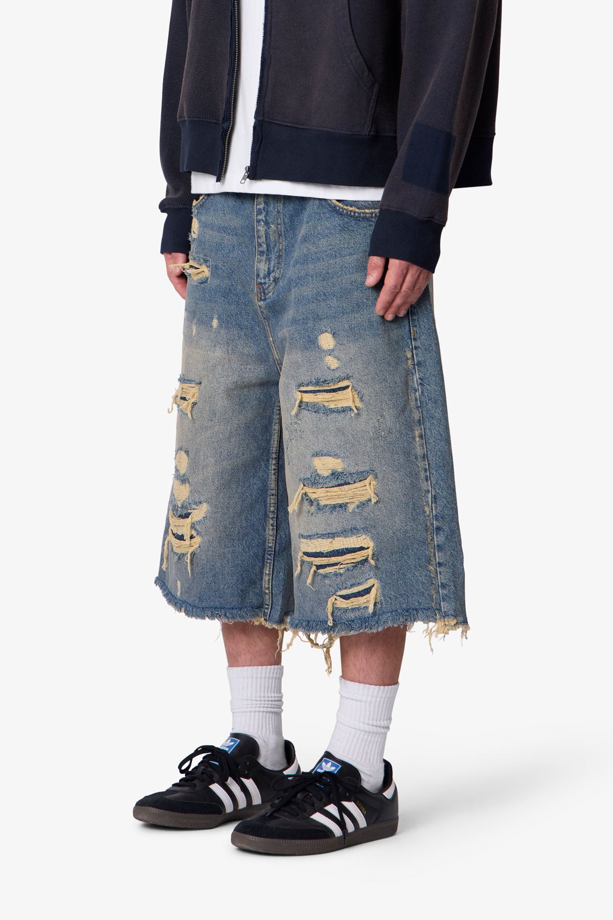 Ultra Baggy Repaired Denim Shorts - Blue | mnml