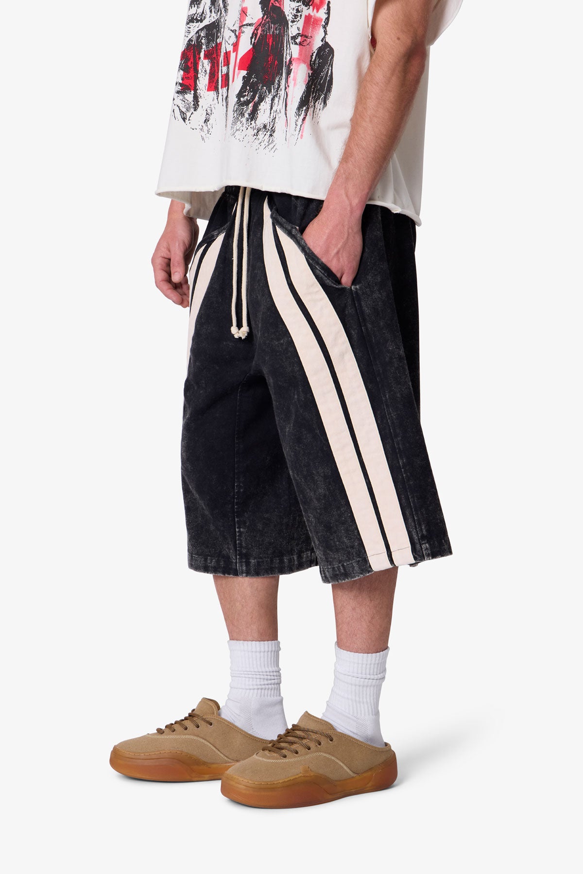 Ultra Baggy Stripe Twill Shorts - Washed Black | mnml