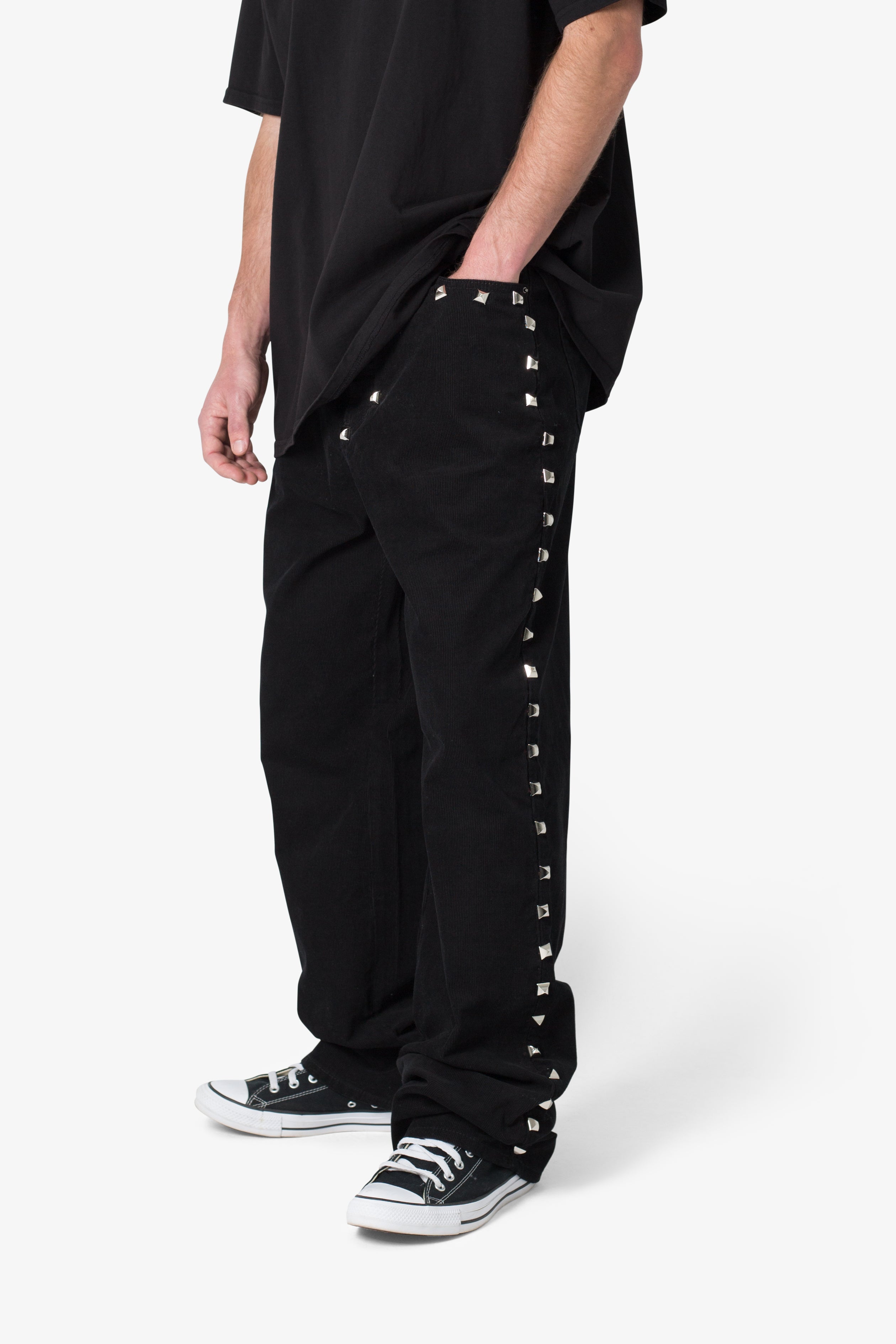 【mnem】Studded Cotton Pants Ultra Baggy Studded Corduroy Pants - Black | mnml | shop now