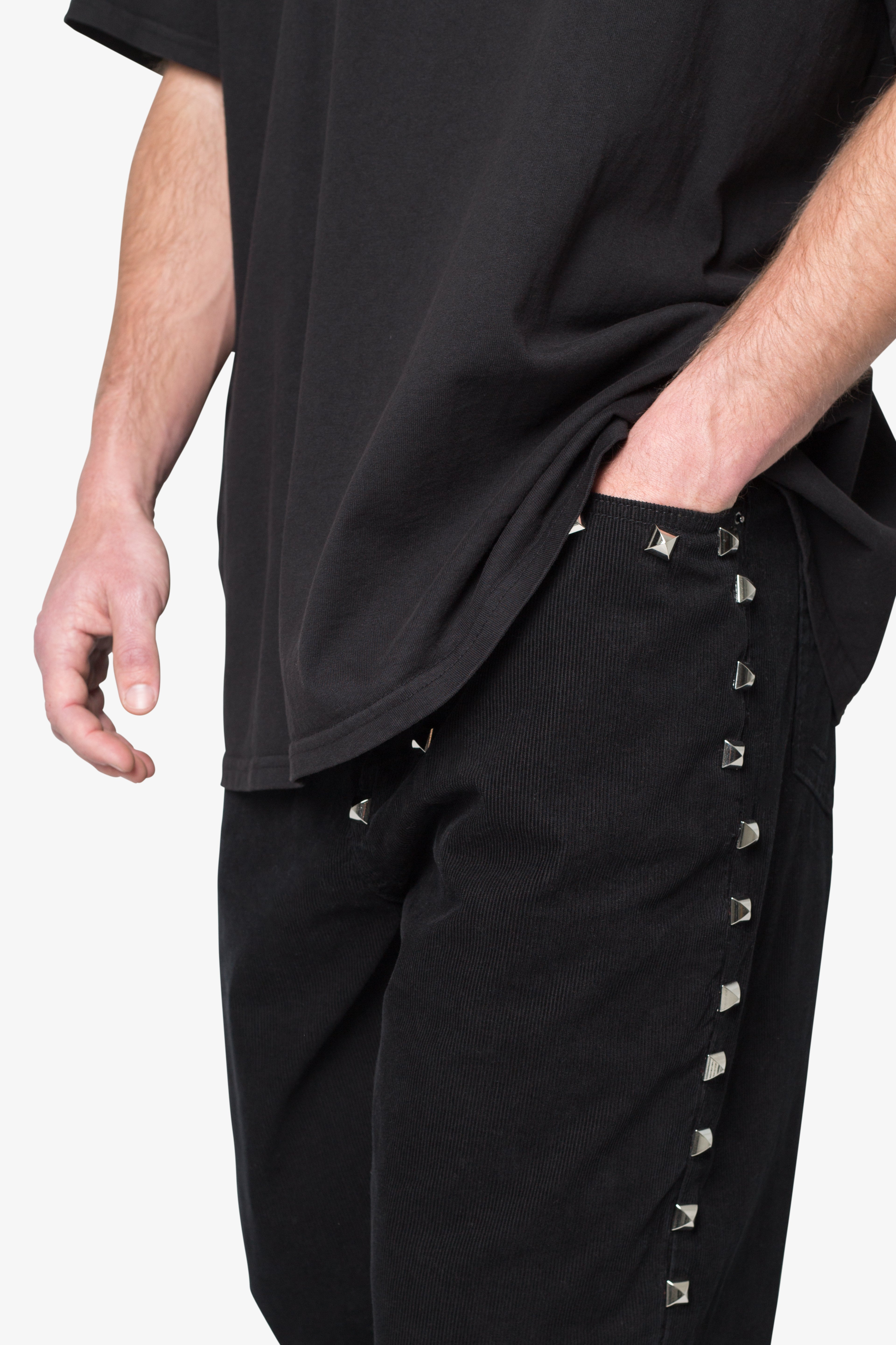 【mnem】Studded Cotton Pants Ultra Baggy Studded Corduroy Pants - Black | mnml | shop now