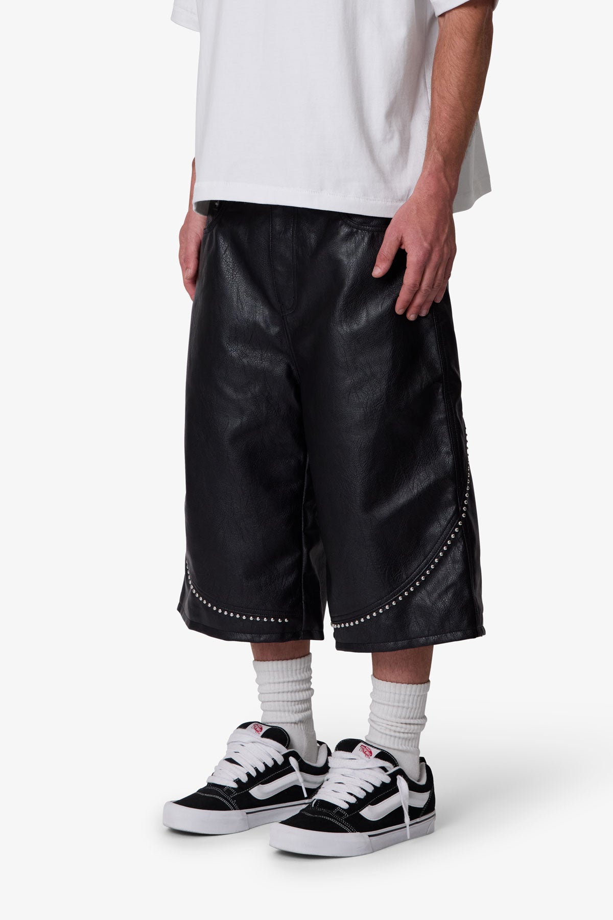 Ultra Baggy Studded Leather Shorts - Black | mnml