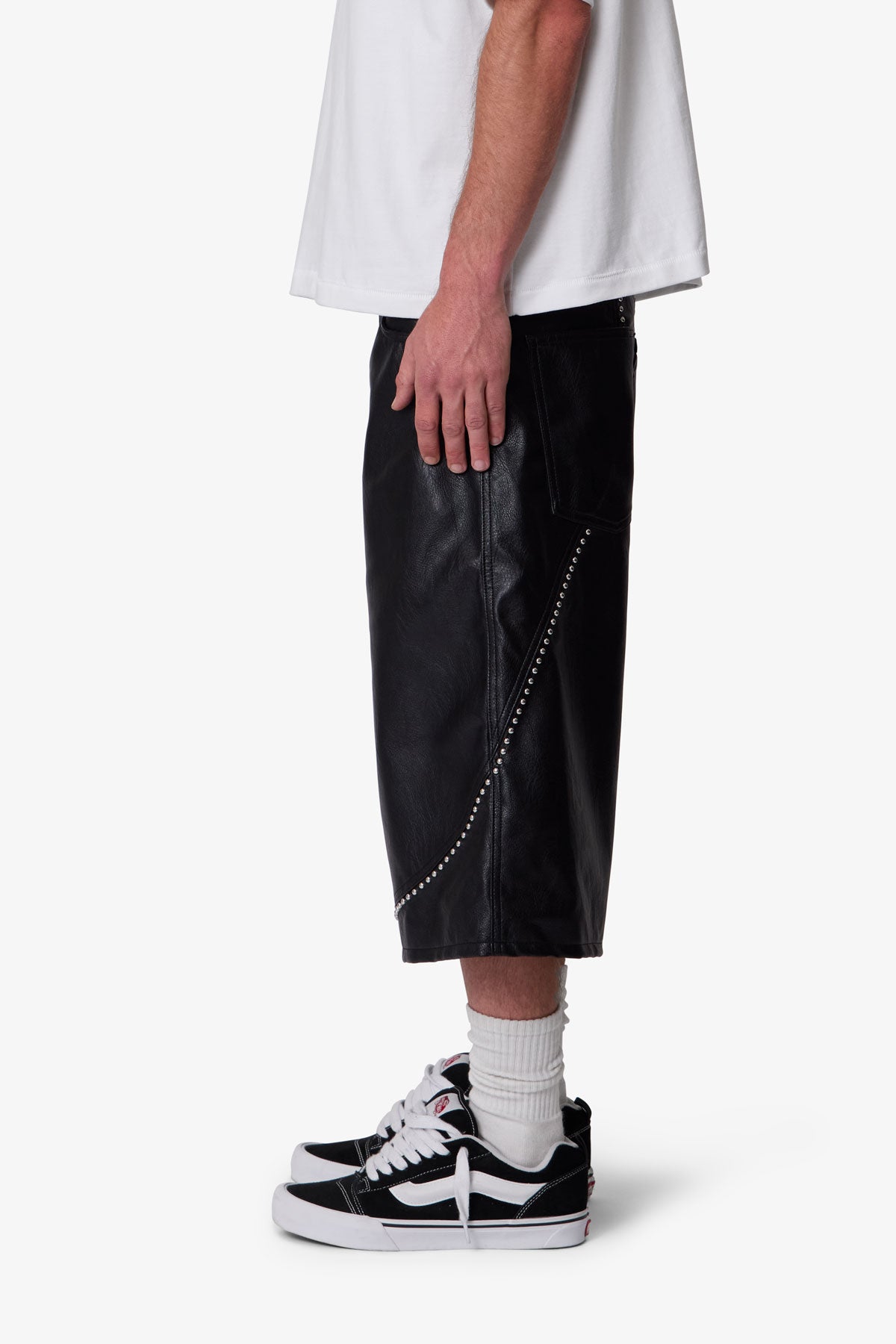 Ultra Baggy Studded Leather Shorts - Black | mnml