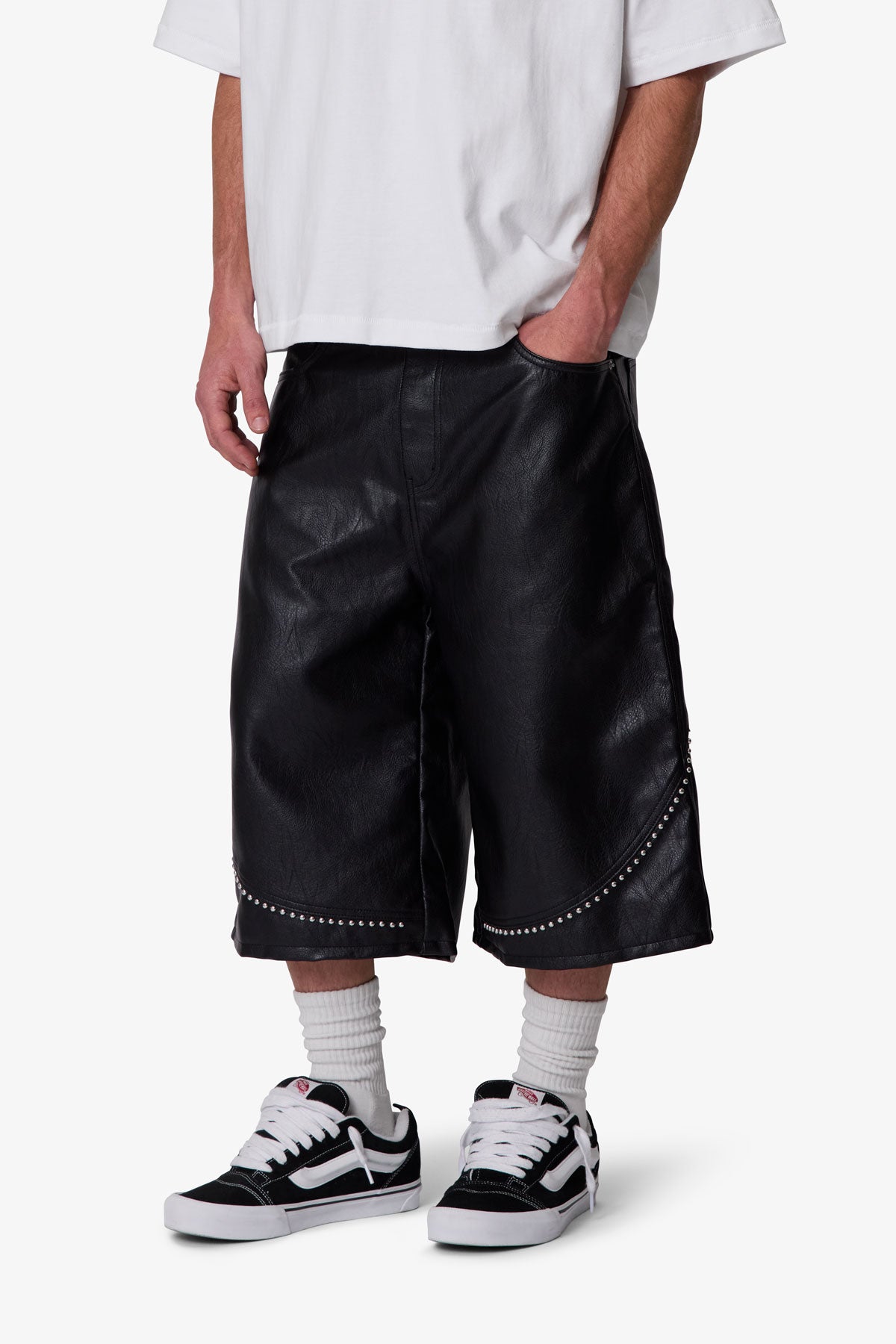 Ultra Baggy Studded Leather Shorts - Black | mnml
