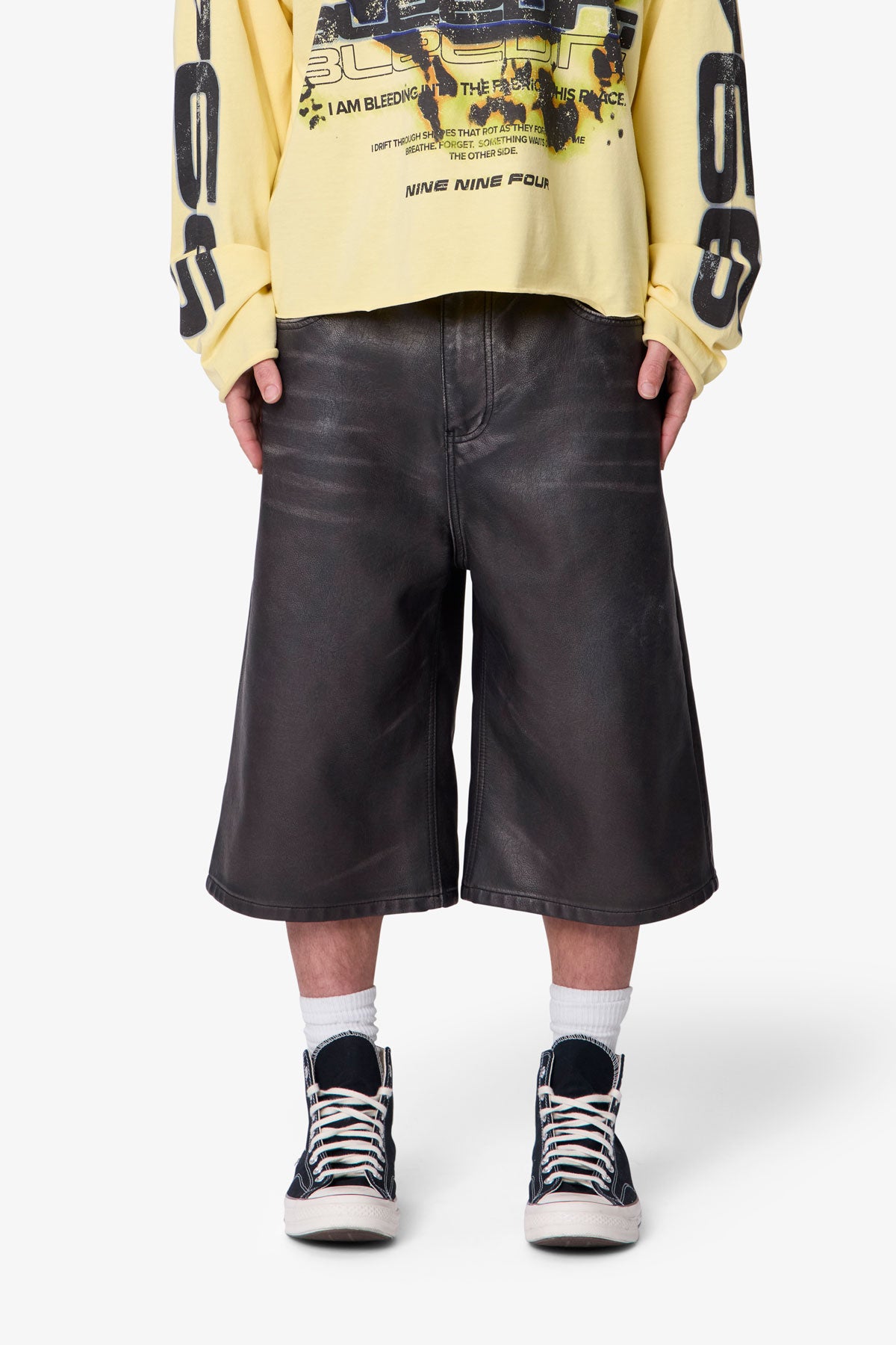 Ultra Baggy Washed Leather Shorts - Black | mnml