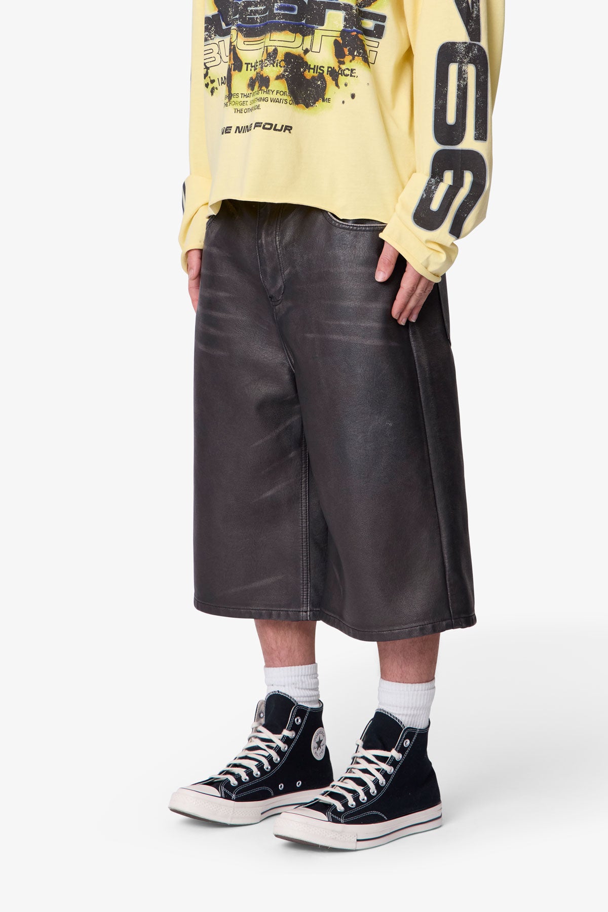 Ultra Baggy Washed Leather Shorts - Black | mnml