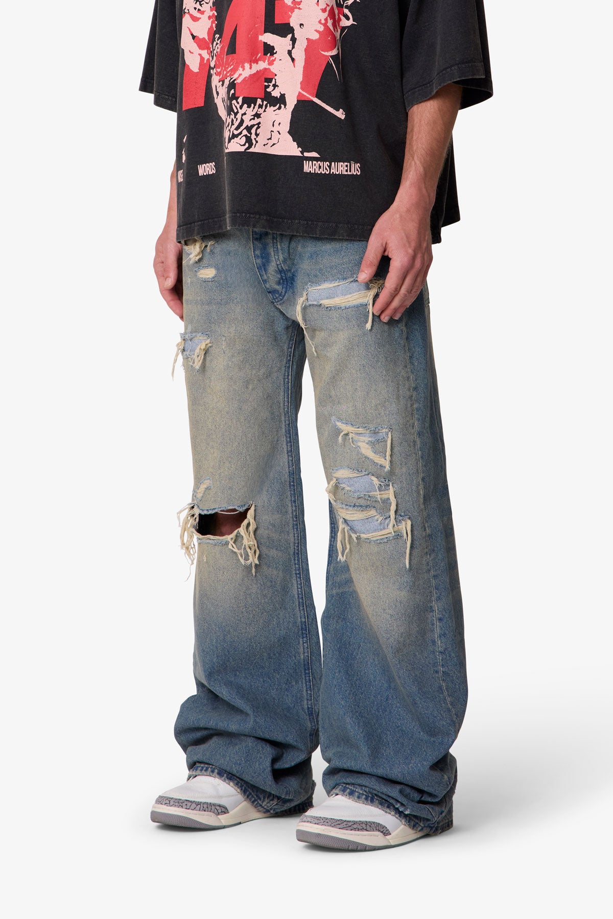 Ultra Wide Distressed Denim - Blue | mnml