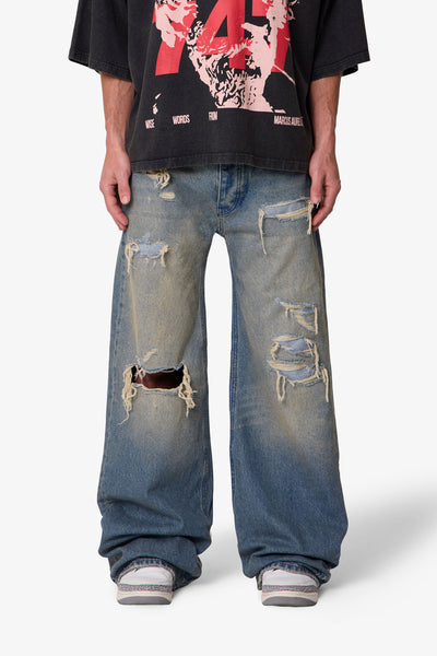 Ultra Wide Distressed Denim - Blue | mnml