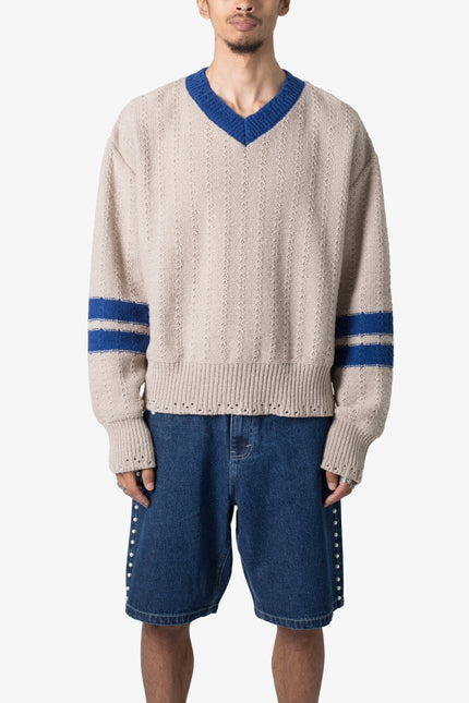 Varsity V Neck Sweater - Off White/Blue