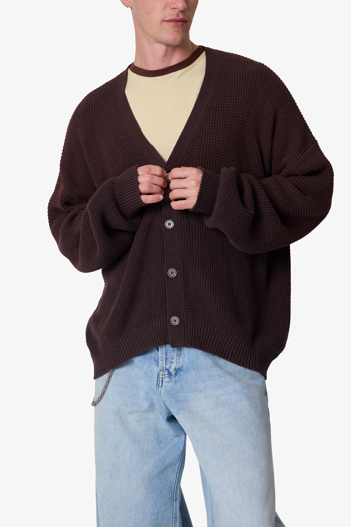 Waffle Cardigan Sweater - Brown | mnml