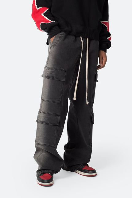 Pantalones vaqueros lavados con cordón ajustable - Negro lavado