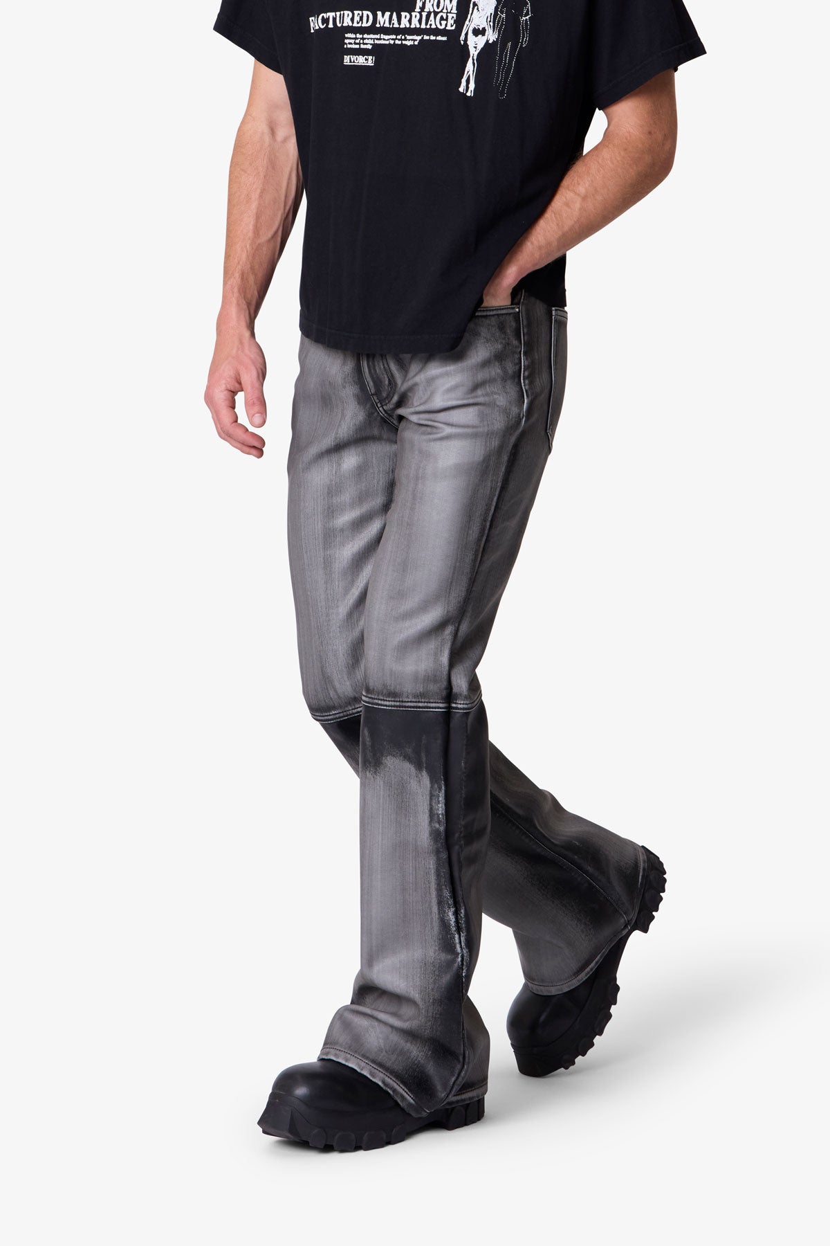 Washed Leather Flare Pants - Black | mnml | shop now