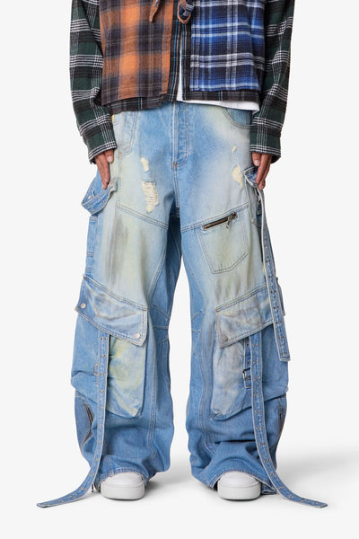 デニム/ジーンズ mnml washed crash denim Washed Strapped Rave Denim - Washed Blue | mnml