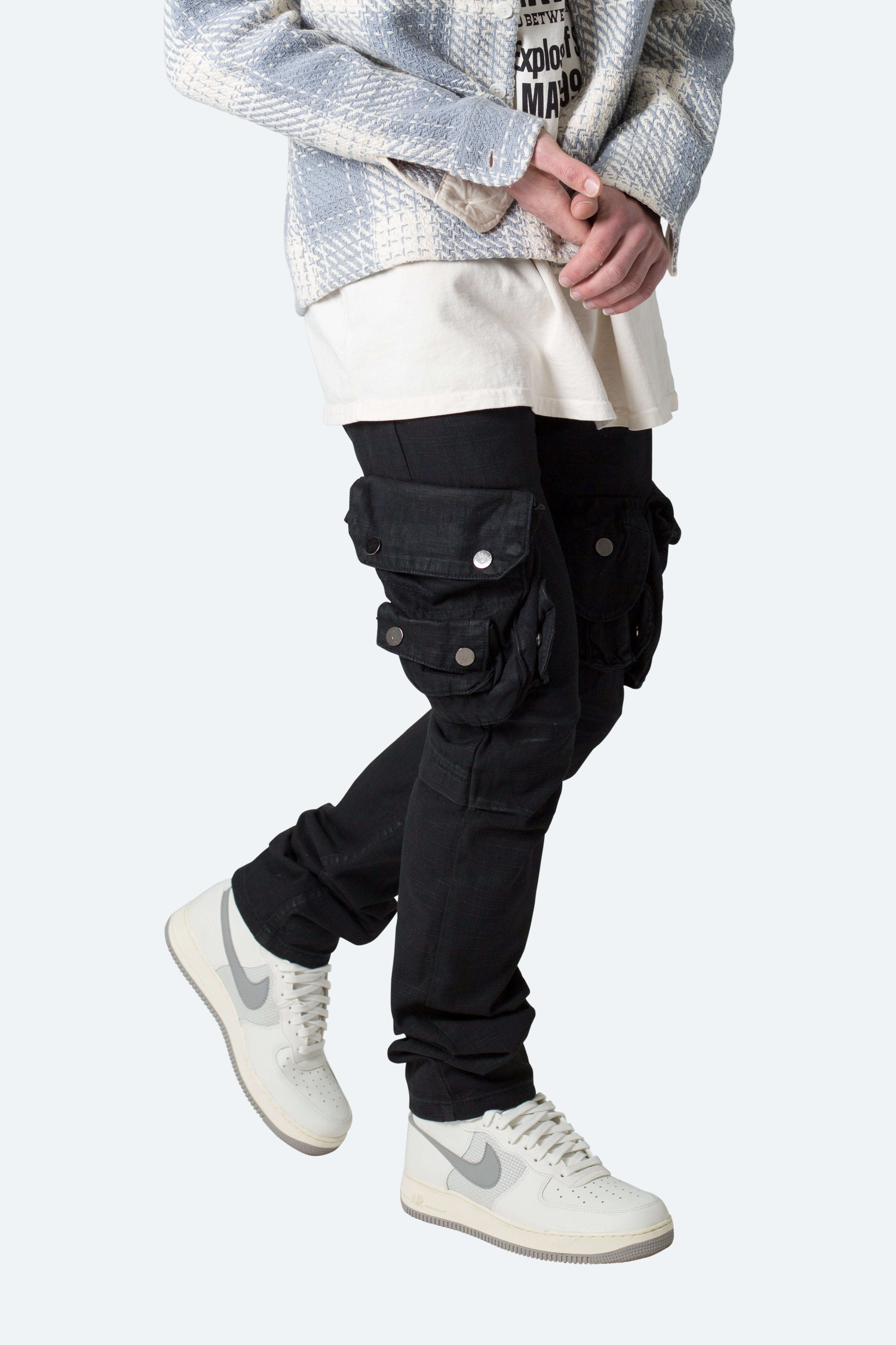 Waxed Denim Cargo Pants - Black - Black / 28