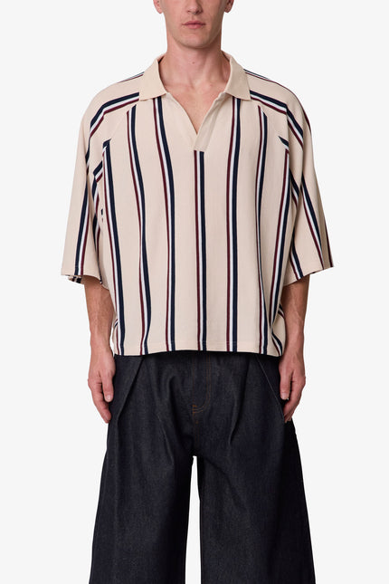Wide Striped S/S Polo Shirt - Navy/Natural/Red