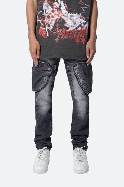 Zipper Inseam Cargo Denim - Washed Black