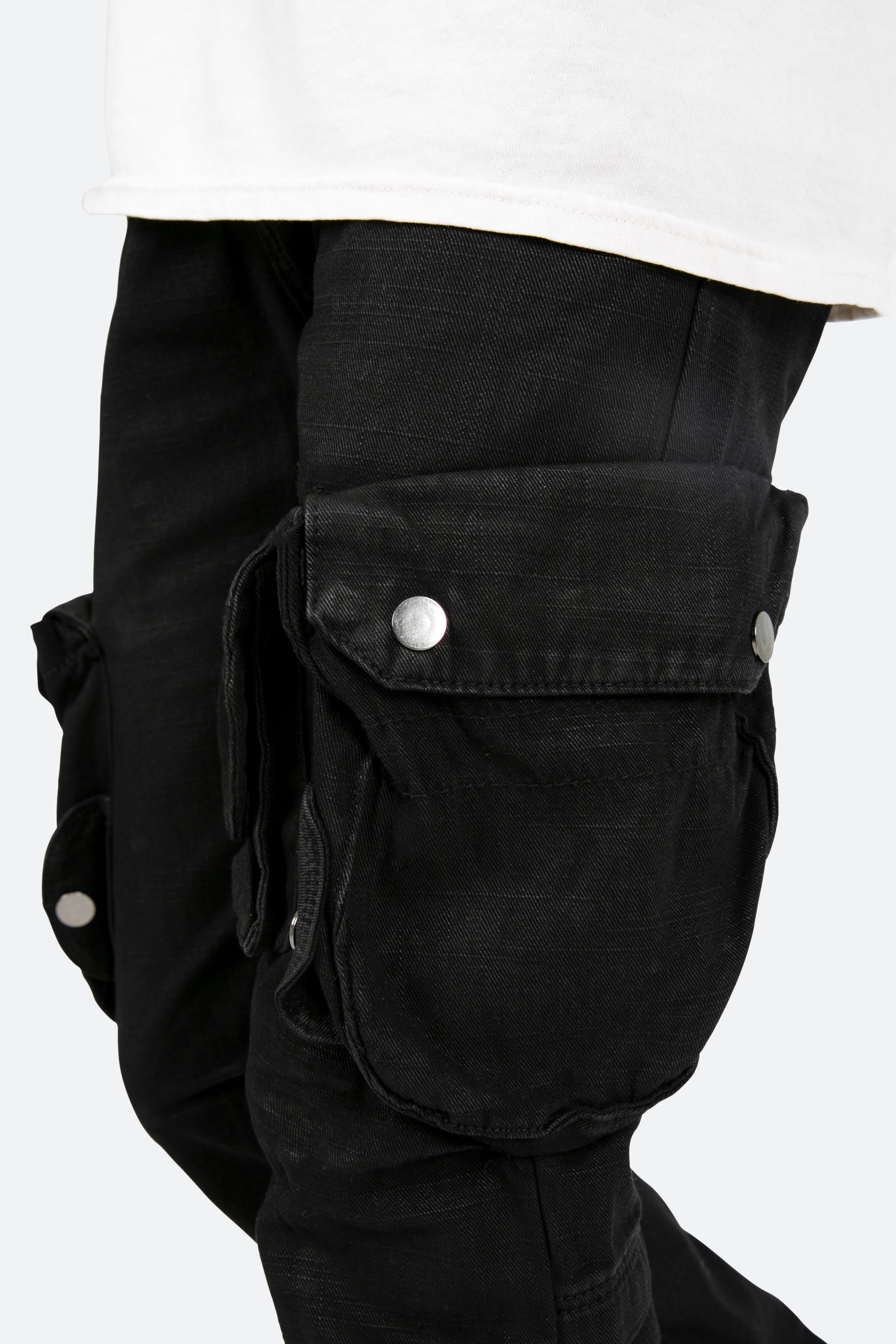 B357 Waxed Cargo Flare Denim - Black | mnml