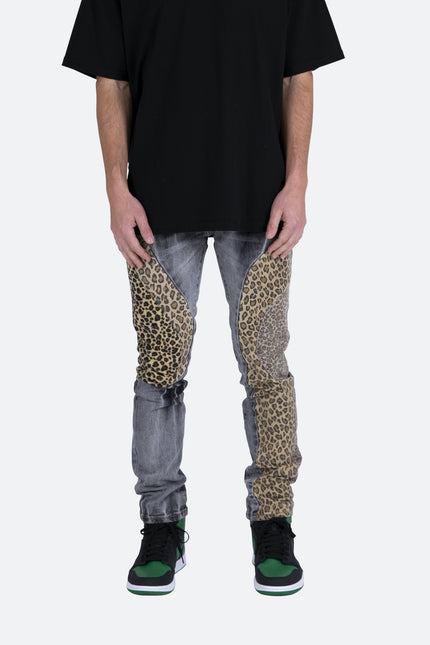 D422 Leopard Straight Denim - Black/Brown