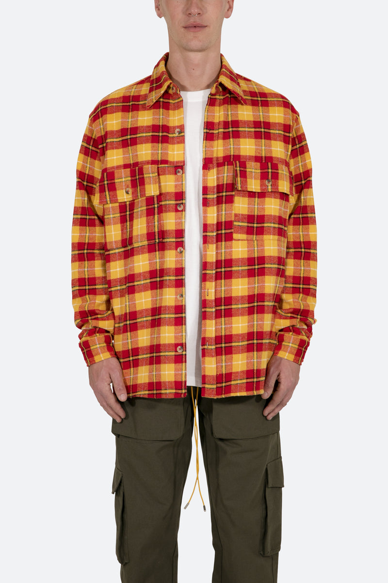 mnml - Men's Relaxed Cargo Casual Shirt - Red - Flannel - Shirts