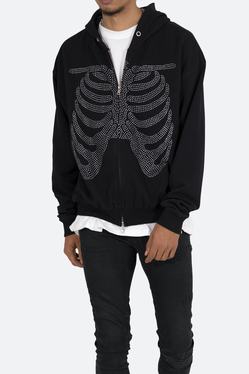 Rhinestone Skeleton Zip Up Hoodie - Black | mnml | shop now