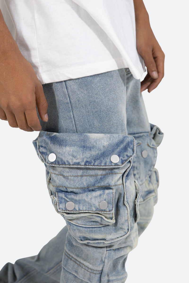 Snap Denim Cargo Pants - Vintage Blue | mnml | shop now