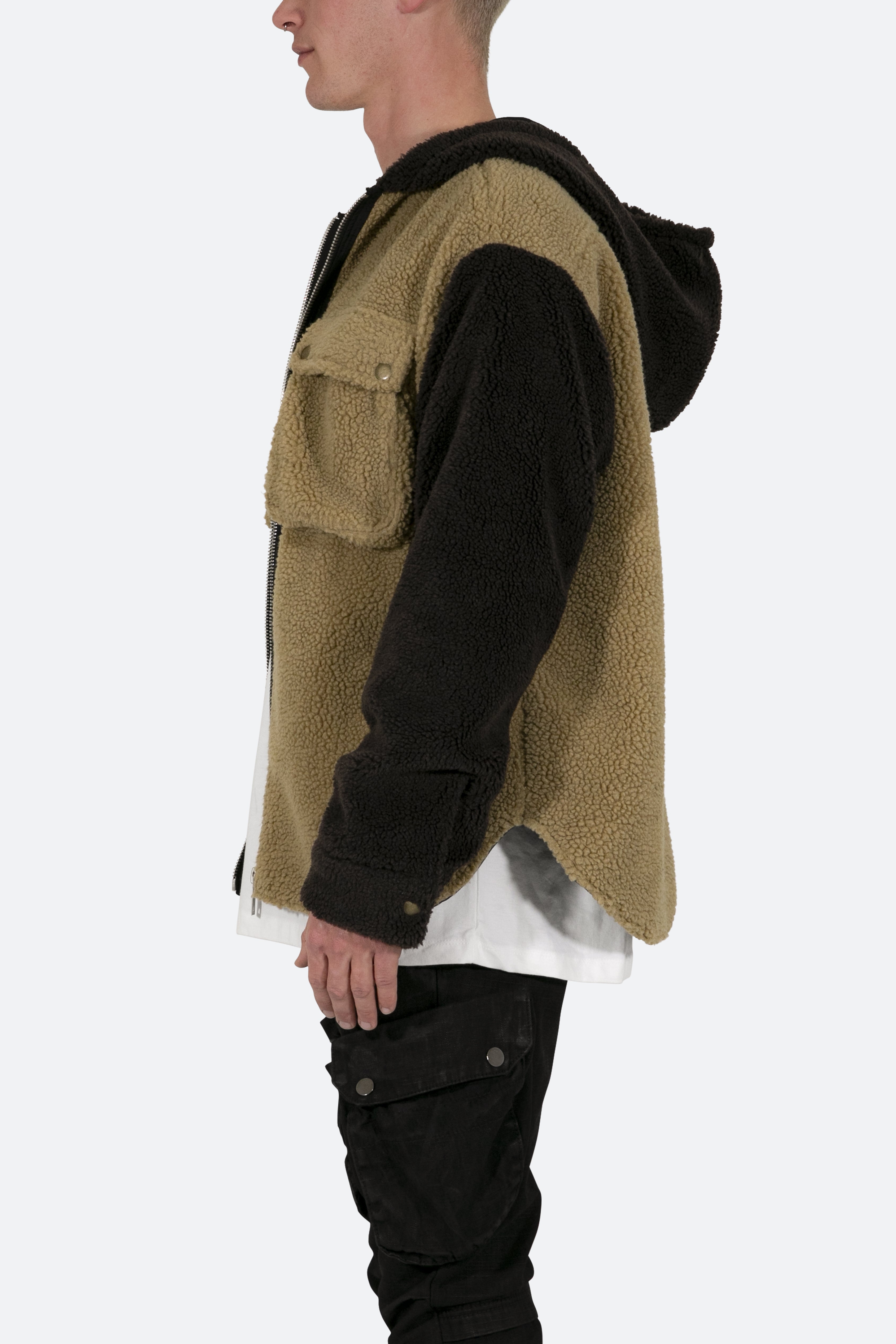 Two Tone Sherpa Zip Up Hoodie - Brown - Brown / XS